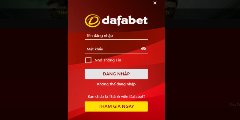Điền 2 trường thông tin theo yêu cầu để đăng nhập Dafabet